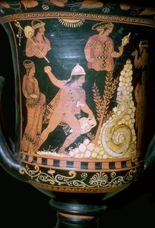 Greek vase painting depicting Cadmus fighting the serpent, 4th century BC