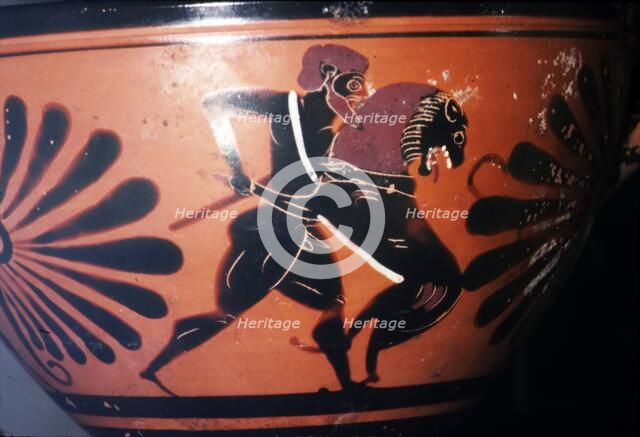 Greek Vase-Painting Hercules fights the Lion, c6th century BC.