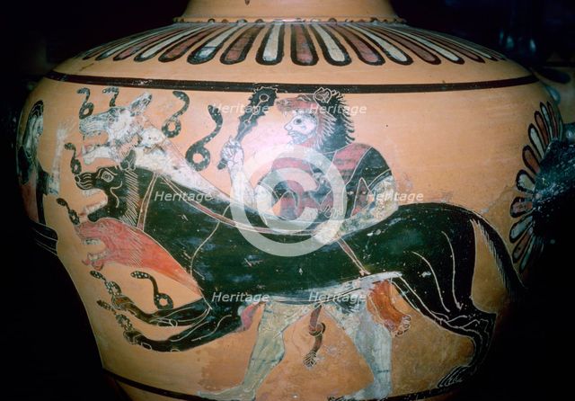 Greek vase painting of Heracles and Cerberus. Artist: Unknown
