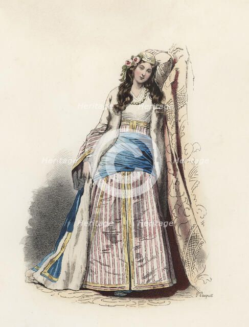 Greek young woman, color engraving, 1870.