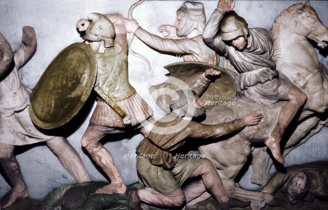 Greeks fight Persians, the Alexander Sarcophagus, Sidon, 4th century BC, (20th century). Artist: Unknown.