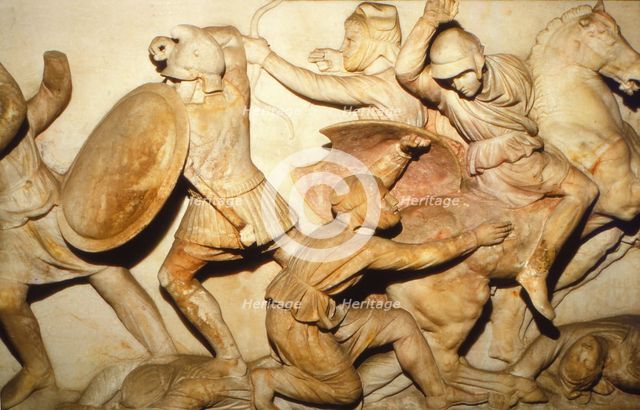 Greeks fight Persians, the Alexander Sarcophagus, Sidon, 4th century BC, (20th century). Artist: Unknown.