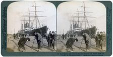 Greeting for newcomers on the pier alongside the Pacific Mail SS China Yokohama, Japan, 1904.Artist: Underwood & Underwood