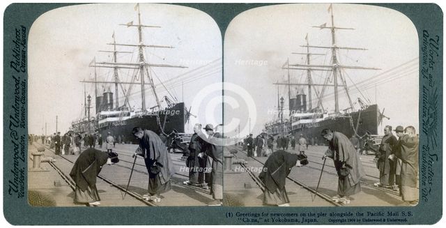 Greeting for newcomers on the pier alongside the Pacific Mail SS 'China', Yokohama, Japan, 1904.Artist: Underwood & Underwood