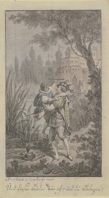 Greeting scene of two men at a castle. Creator: Christian Sambach