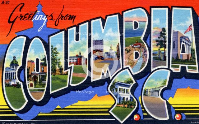 'Greetings from Columbia, South Carolina', postcard, 1939. Artist: Unknown