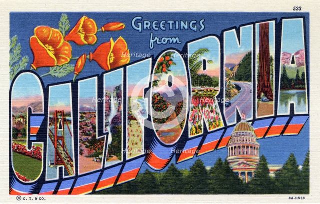 'Greetings from California', postcard, 1938. Artist: Unknown