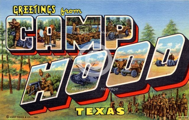 'Greetings from Camp Hood, Texas', postcard, 1943. Artist: Unknown