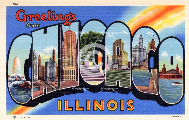'Greetings from Chicago, Illinois', postcard, 1935. Artist: Unknown