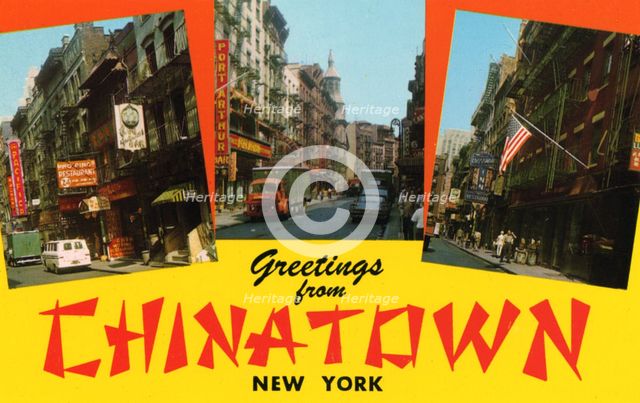 'Greetings from Chinatown, New York', postcard, 1962. Artist: Unknown