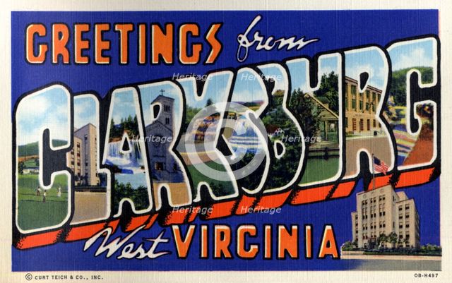 'Greetings from Clarksburg, West Virginia', postcard, 1940. Artist: Unknown