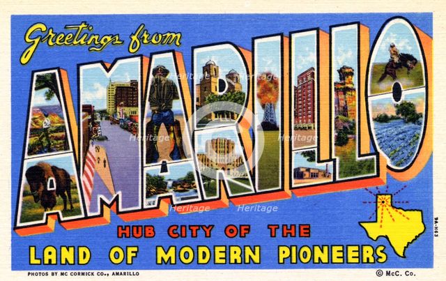 'Greetings from Amarillo, Hub City of the Land of Modern Pioneers', postcard, 1939. Artist: Unknown