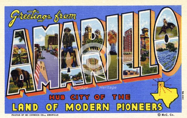 'Greetings from Amarillo, Hub City of the Land of Modern Pioneers', postcard, 1939. Artist: Unknown
