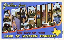 Greetings from Amarillo, Hub City of the Land of Modern Pioneers postcard, 1939