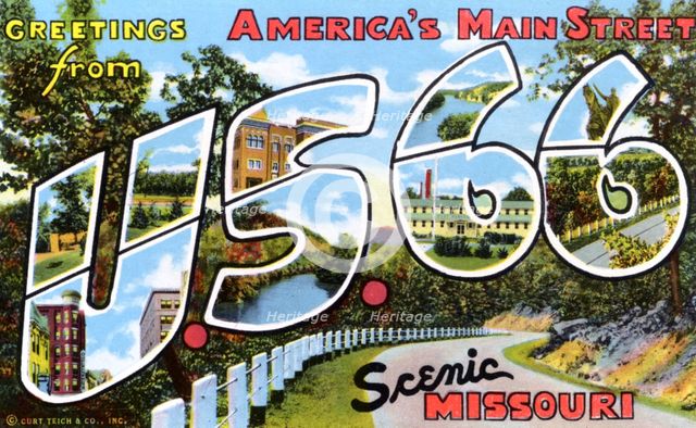 'Greetings from America's Main Street, US 66, Scenic Missouri', postcard, 1945. Artist: Unknown