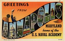 Greetings from Annapolis, Maryland, home of the US Naval Academy postcard, 1940