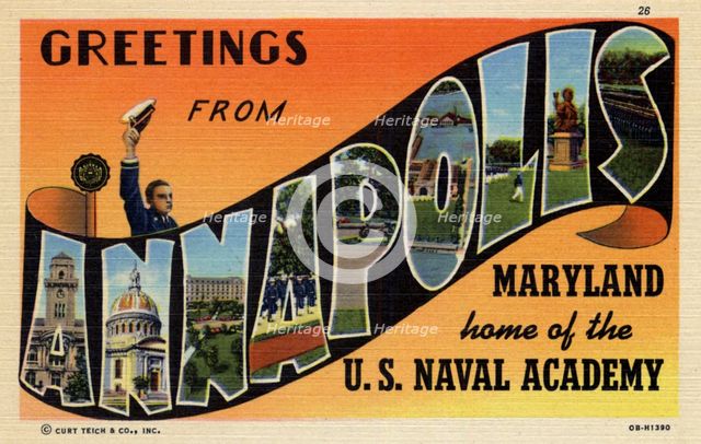 'Greetings from Annapolis, Maryland, home of the US Naval Academy', postcard, 1940. Artist: Unknown