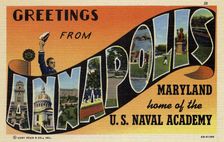 Greetings from Annapolis, Maryland, home of the US Naval Academy postcard, 1940
