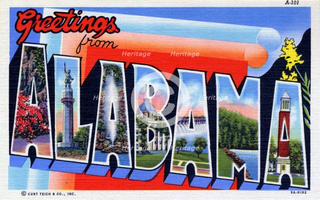 'Greetings from Alabama', postcard, 1939. Artist: Unknown