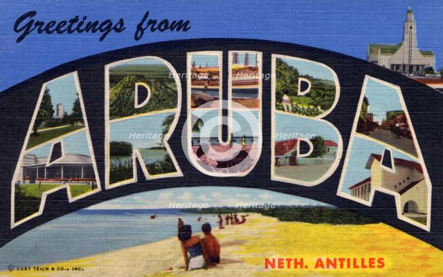 'Greetings from Aruba, Netherlands Antilles, postcard, 1950. Artist: Unknown