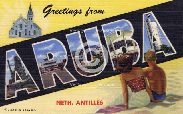 'Greetings from Aruba, Netherlands Antilles, postcard, 1950. Artist: Unknown