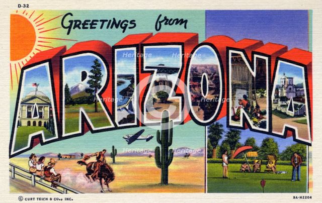 'Greetings from Arizona', postcard, 1939. Artist: Unknown