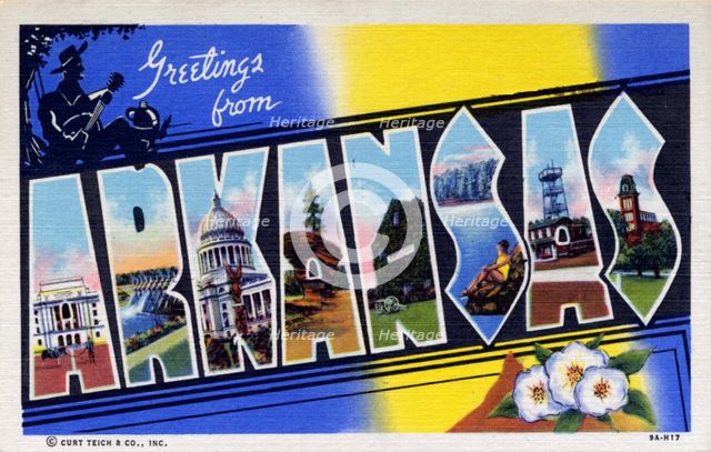 'Greetings from Arkansas', postcard, 1939. Artist: Unknown