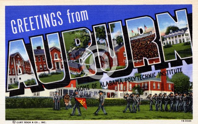 'Greetings from Auburn, home of Alabama Polytechnic Institute', postcard, 1941. Artist: Unknown