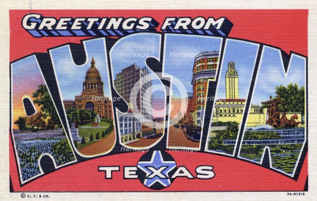 'Greetings from Austin, Texas', postcard, 1937. Artist: Unknown