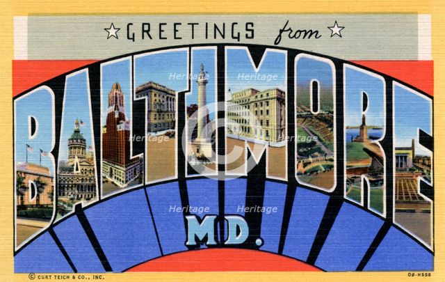 'Greetings from Baltimore, Maryland', postcard, 1940. Artist: Unknown