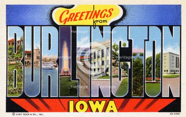 'Greetings from Burlington, Iowa', postcard, 1940. Artist: Unknown