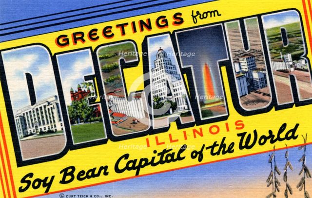 'Greetings from Decatur, Illinois, Soy Bean Capital of the World', postcard, 1941. Artist: Unknown