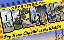 Greetings from Decatur, Illinois, Soy Bean Capital of the World postcard, 1941