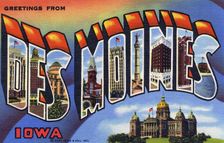 Greetings from Des Moines, Iowa postcard, 1944