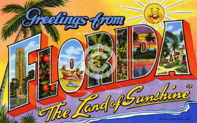 'Greetings from Florida, the Land of Sunshine', postcard, 1942. Artist: Unknown
