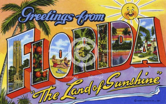 'Greetings from Florida, the Land of Sunshine', postcard, 1942. Artist: Unknown