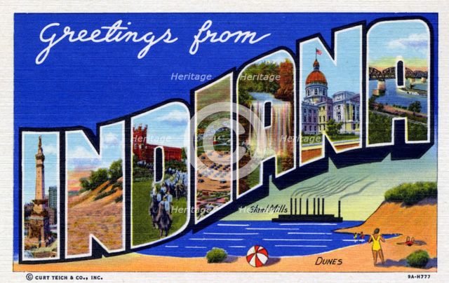 'Greetings from Indiana', postcard, 1939. Artist: Unknown
