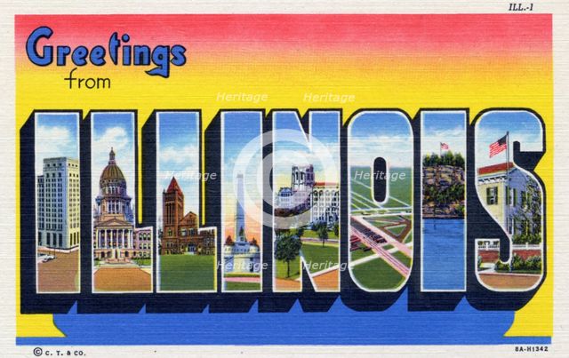 'Greetings from Illinois', postcard, 1938. Artist: Unknown