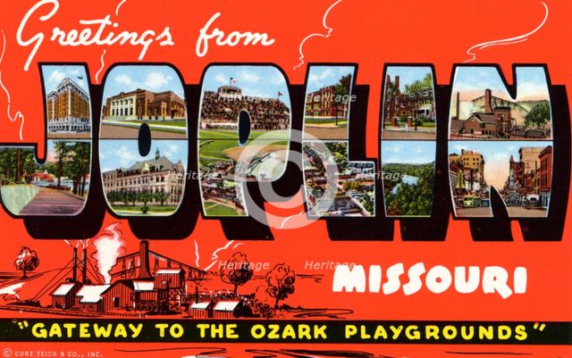'Greetings from Joplin, Missouri, Gateway to the Ozark Playgrounds', postcard, 1942. Artist: Unknown