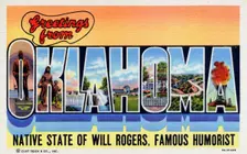 Greetings from Oklahoma, Native State of Will Rogers, Famous Humorist postcard, 1939