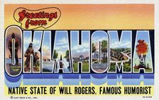 Greetings from Oklahoma, Native State of Will Rogers, Famous Humorist postcard, 1939