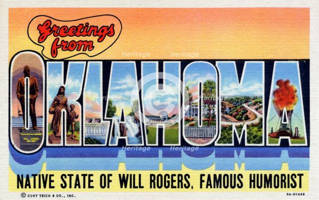 'Greetings from Oklahoma, Native State of Will Rogers, Famous Humorist', postcard, 1939. Artist: Unknown