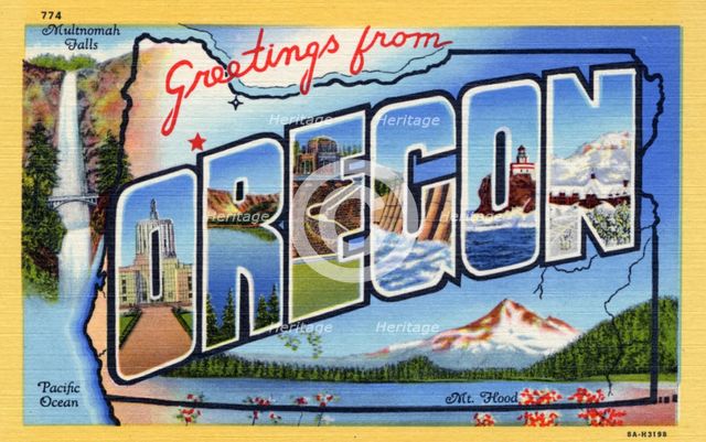 'Greetings from Oregon', postcard, 1938. Artist: Unknown