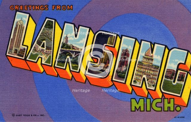 'Greetings from Lansing, Michigan', postcard, 1951. Artist: Unknown