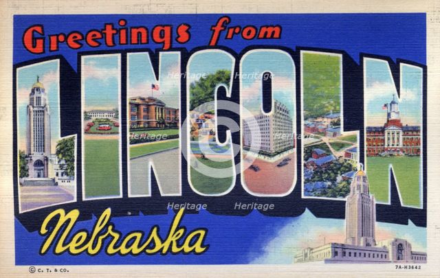 'Greetings from Lincoln, Nebraska', postcard, 1937. Artist: Unknown