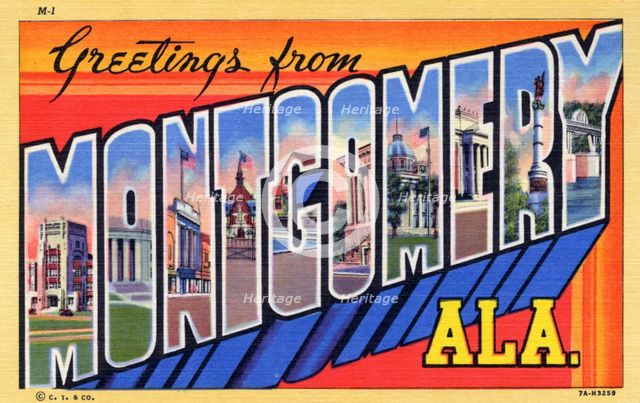 'Greetings from Montgomery, Alabama', postcard, 1937. Artist: Unknown