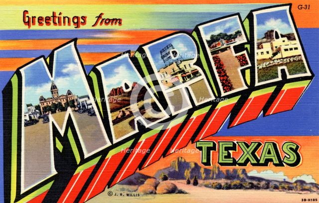 'Greetings from Marfa, Texas', postcard, 1943. Artist: Unknown