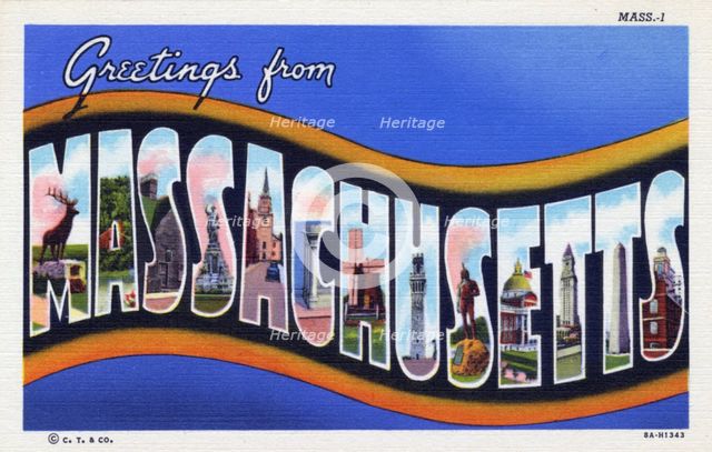 'Greetings from Massachusetts', postcard, 1938. Artist: Unknown