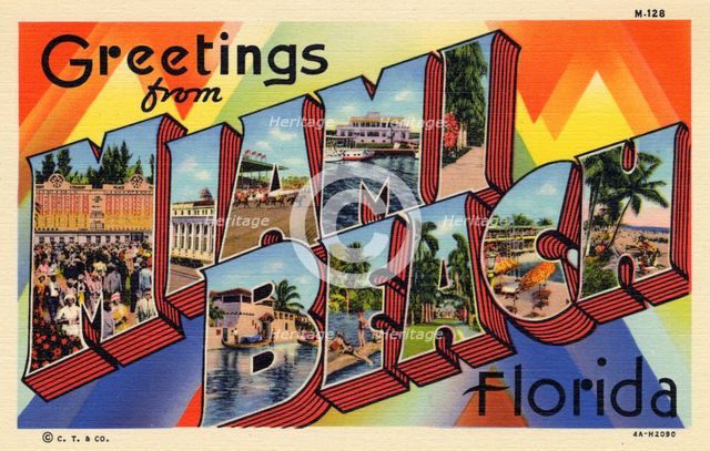 'Greetings from Miami Beach, Florida', postcard, 1934. Artist: Unknown