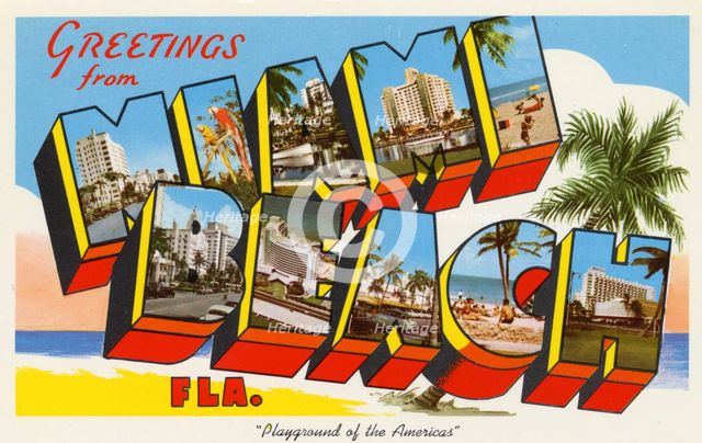 'Greetings from Miami Beach, Playground of the Americas', postcard, 1959. Artist: Unknown